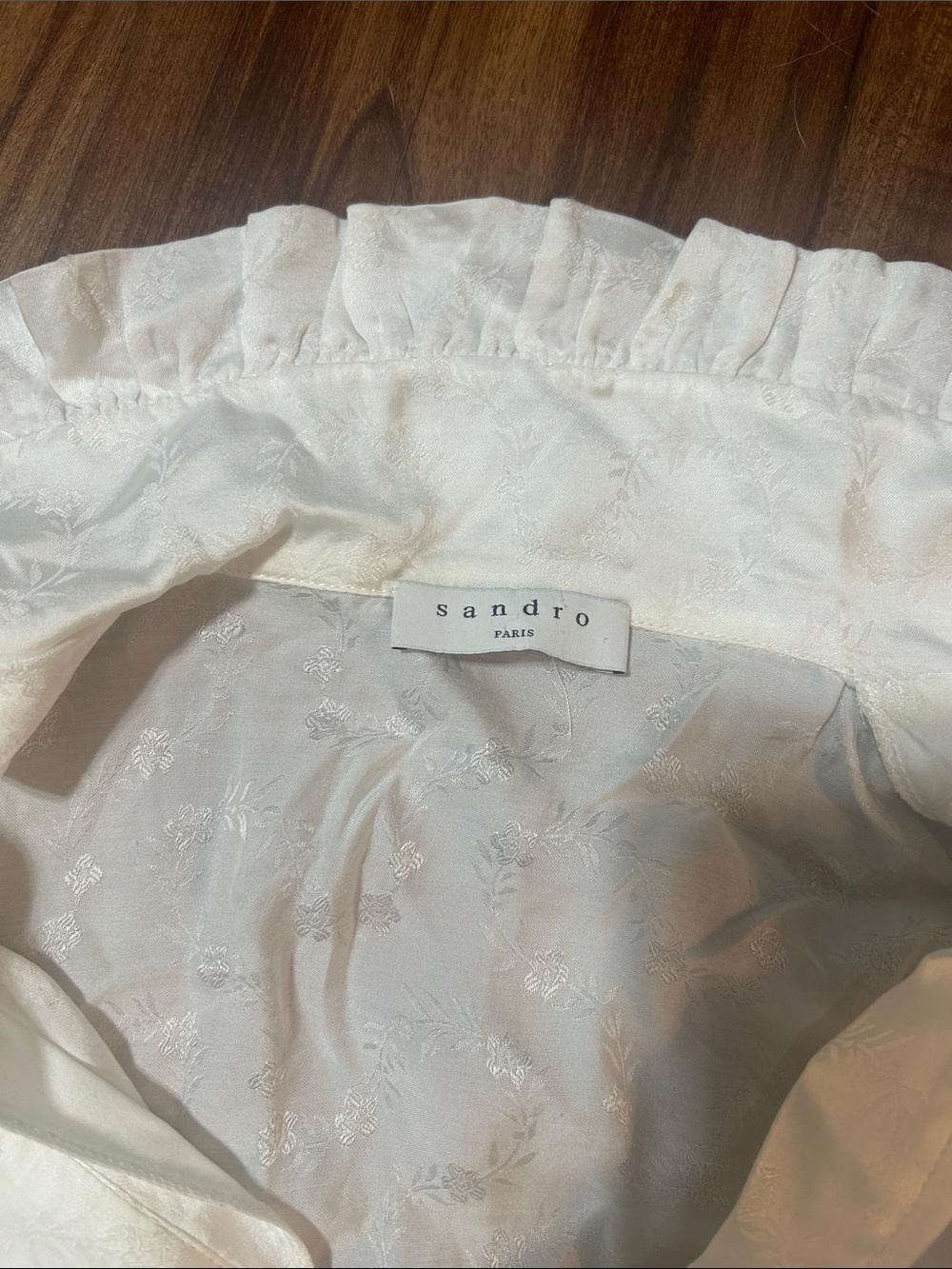 Sandro White Floral Jacquard Shirt with Ruffled Neckline
